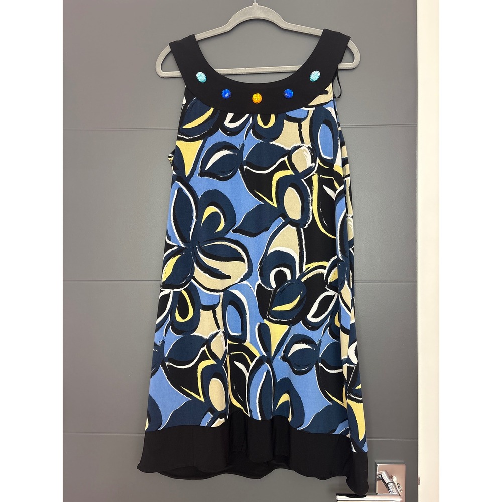 Scarlett Women's Blue Yellow Floral‎ Sleeveless Jewel Neck Dress Size 16